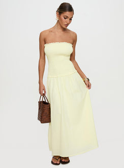back view of model wearing Princess Polly Tinsie Strapless Maxi Dress Yellow Straight Neck 
