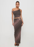   side view of model wearing Princess Polly Whiley Maxi Skirt Multi Stripe Maxi 