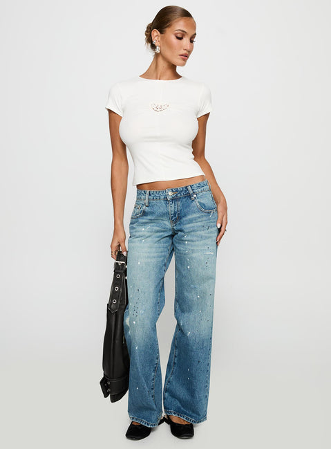 side view of model wearing Princess Polly We Could Go Lace Detail Top White Short Sleeves Crew Neck 