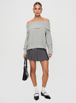 front view of model wearing Princess Polly Parkley Boucle Off The Shoulder Sweater Grey Marle 