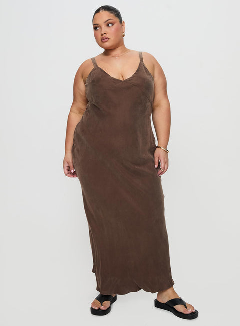 side view of model wearing Princess Polly Laurette Maxi Dress Brown Curve Plunger 