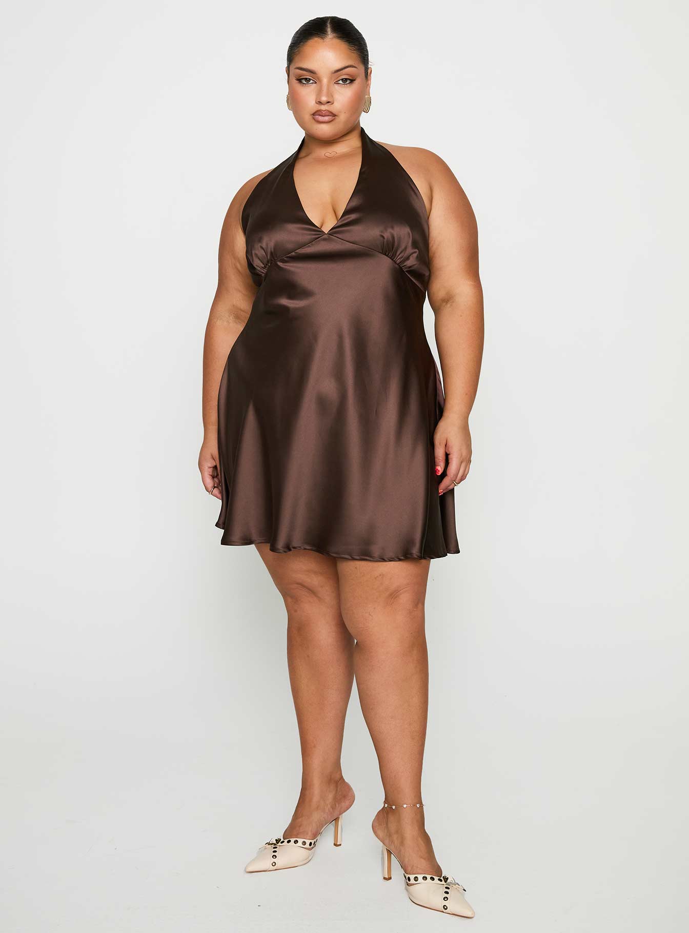 front view of model wearing Princess Polly Pelagia Halter Scarf Tie Mini Dress Brown Curve Plunger 