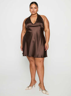 front view of model wearing Princess Polly Pelagia Halter Scarf Tie Mini Dress Brown Curve Plunger 