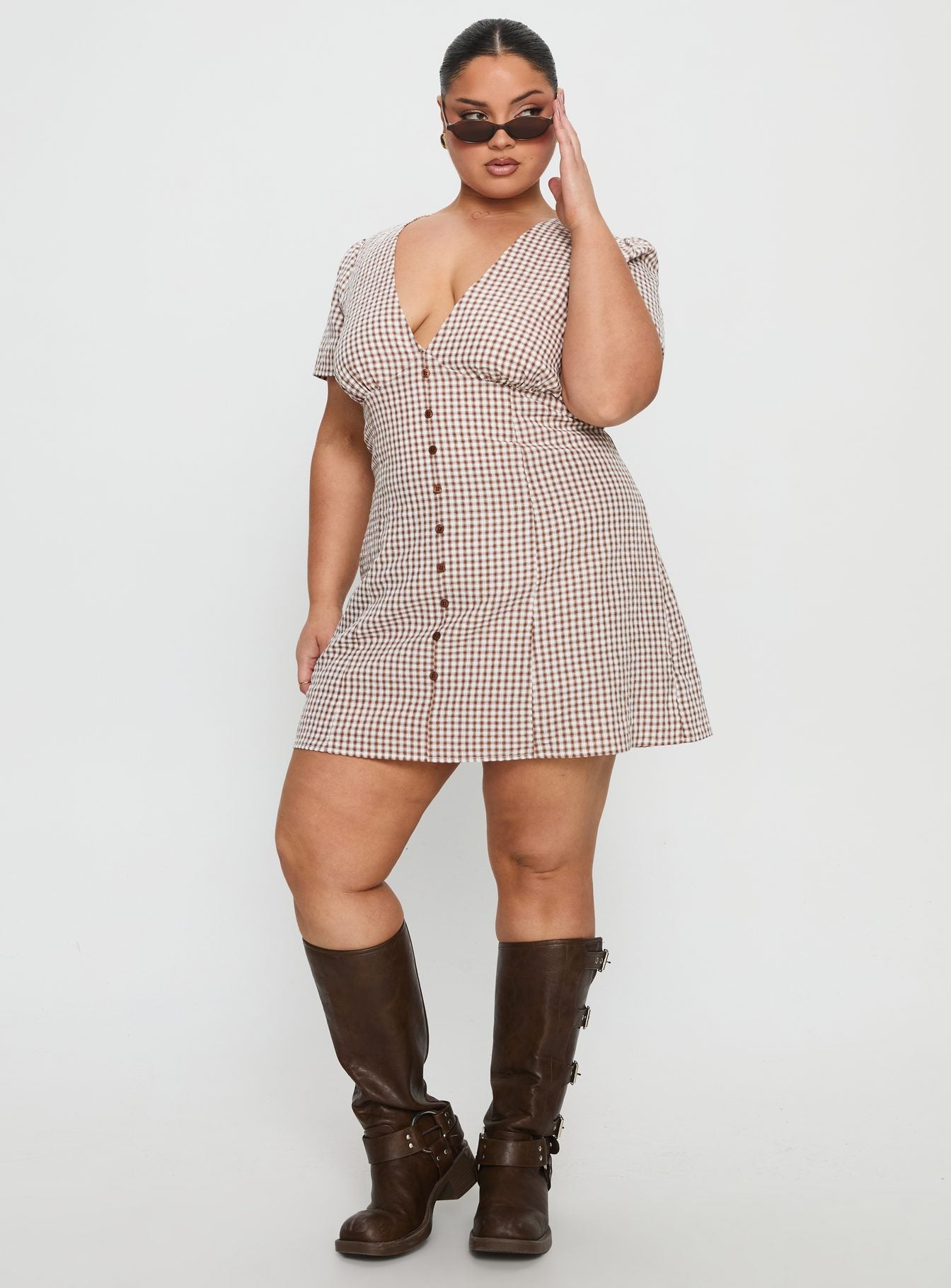 Loveliness Playsuit Brown Check Curve