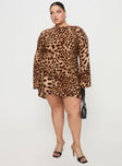 front view of model wearing Princess Polly Halo Bias Mini Dress Leopard Curve Boat Neck 