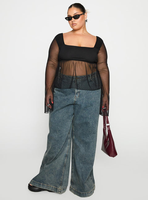 side view of model wearing Princess Polly Fiorello Long Sleeve Top Black Curve Full Sleeves Square Neck 