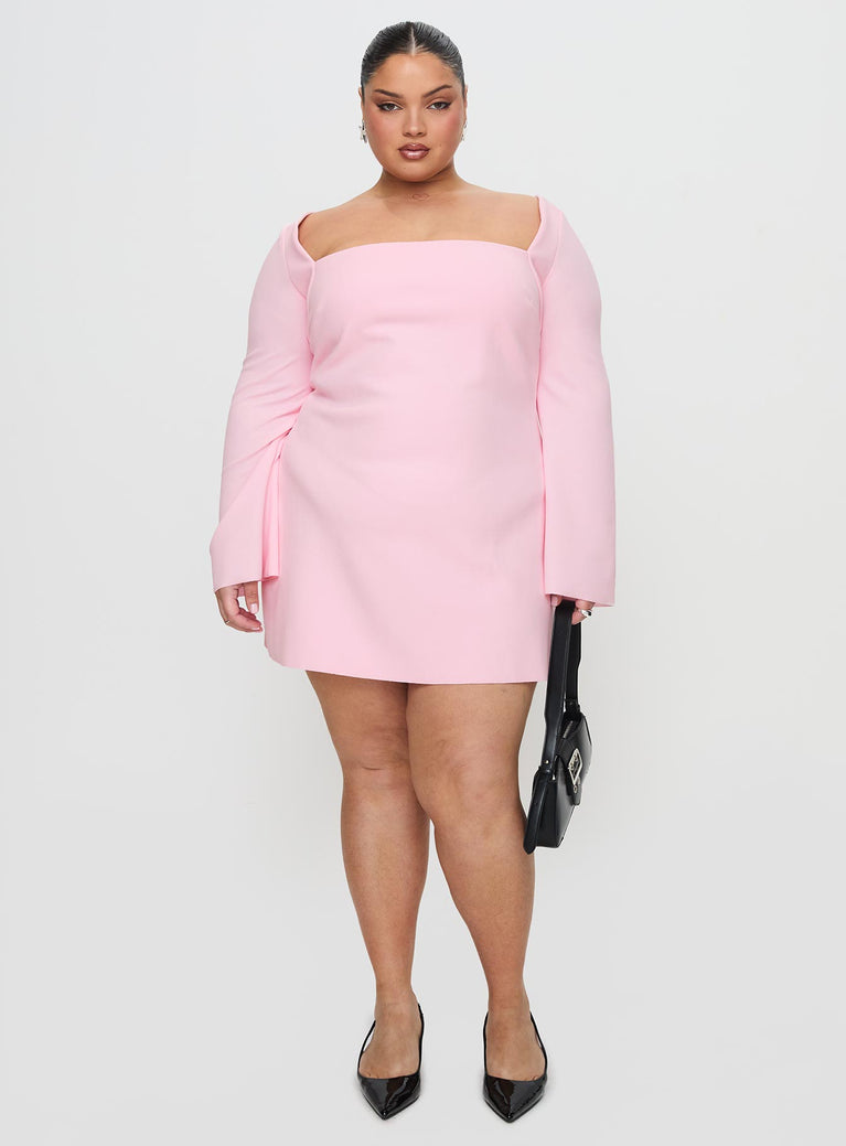 front view of model wearing Princess Polly Bombshell Long Sleeve Mini Dress Pink Curve Square Neck 