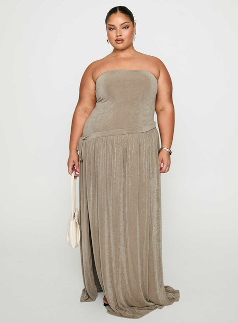 front view of model wearing Princess Polly Inka Strapless Maxi Dress Taupe Curve Straight Neck 