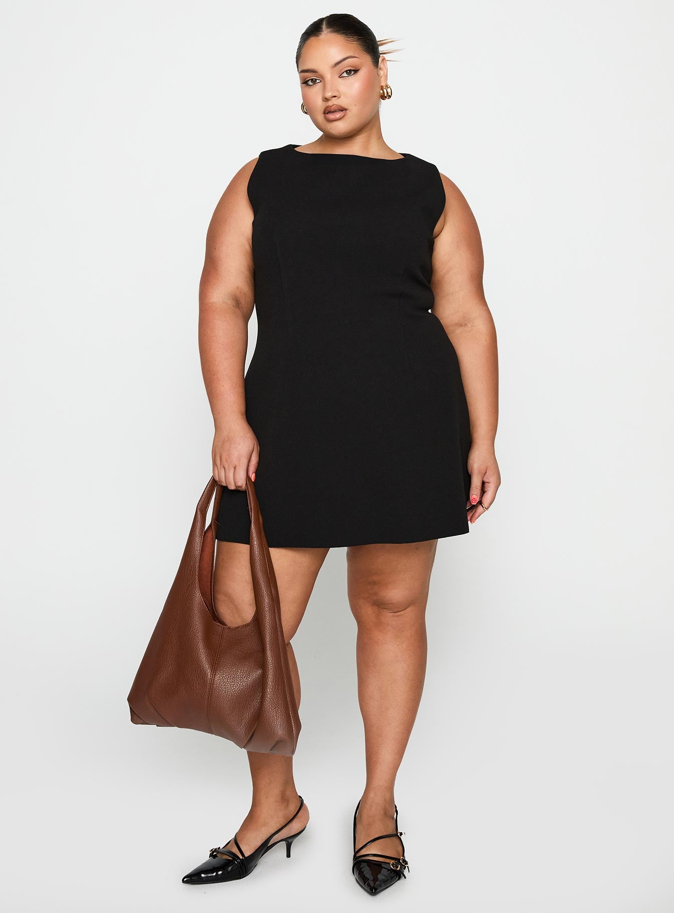 front view of model wearing Princess Polly Anse Mini Dress Black Curve Crew Neck 