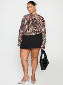 front view of model wearing Princess Polly Believe Me Long Sleeve Top Leopard Curve Full Sleeves Boat Neck 