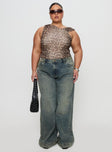 front view of model wearing Princess Polly Ribbon Stamp Wide Leg Jean Antique Wash Curve High Waisted 