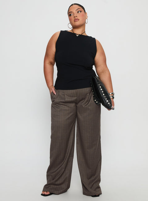 side view of model wearing Princess Polly Briellea Thick Waistband Pant Pinstripe Curve High Rise Pants 