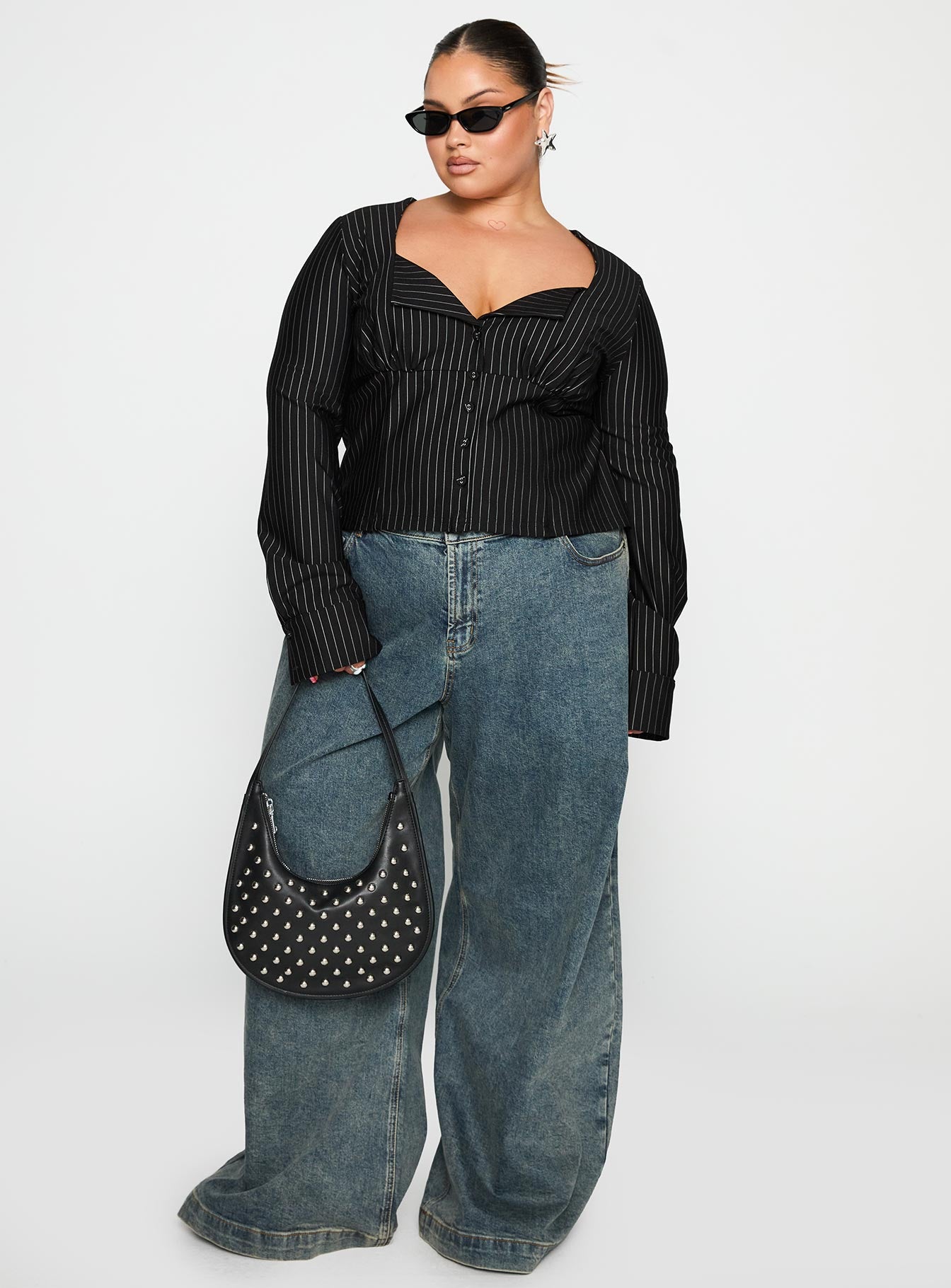 side view of model wearing Princess Polly Set For Life Foldover Detail Long Sleeve Top Black / White Pinstripe Curve Full Sleeves Sweetheart 