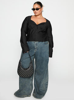 side view of model wearing Princess Polly Set For Life Foldover Detail Long Sleeve Top Black / White Pinstripe Curve Full Sleeves Sweetheart 