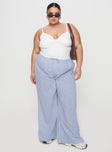 front view of model wearing Princess Polly Holiday Tie Front Pant Blue / White Stripe Curve High Waisted Pants 