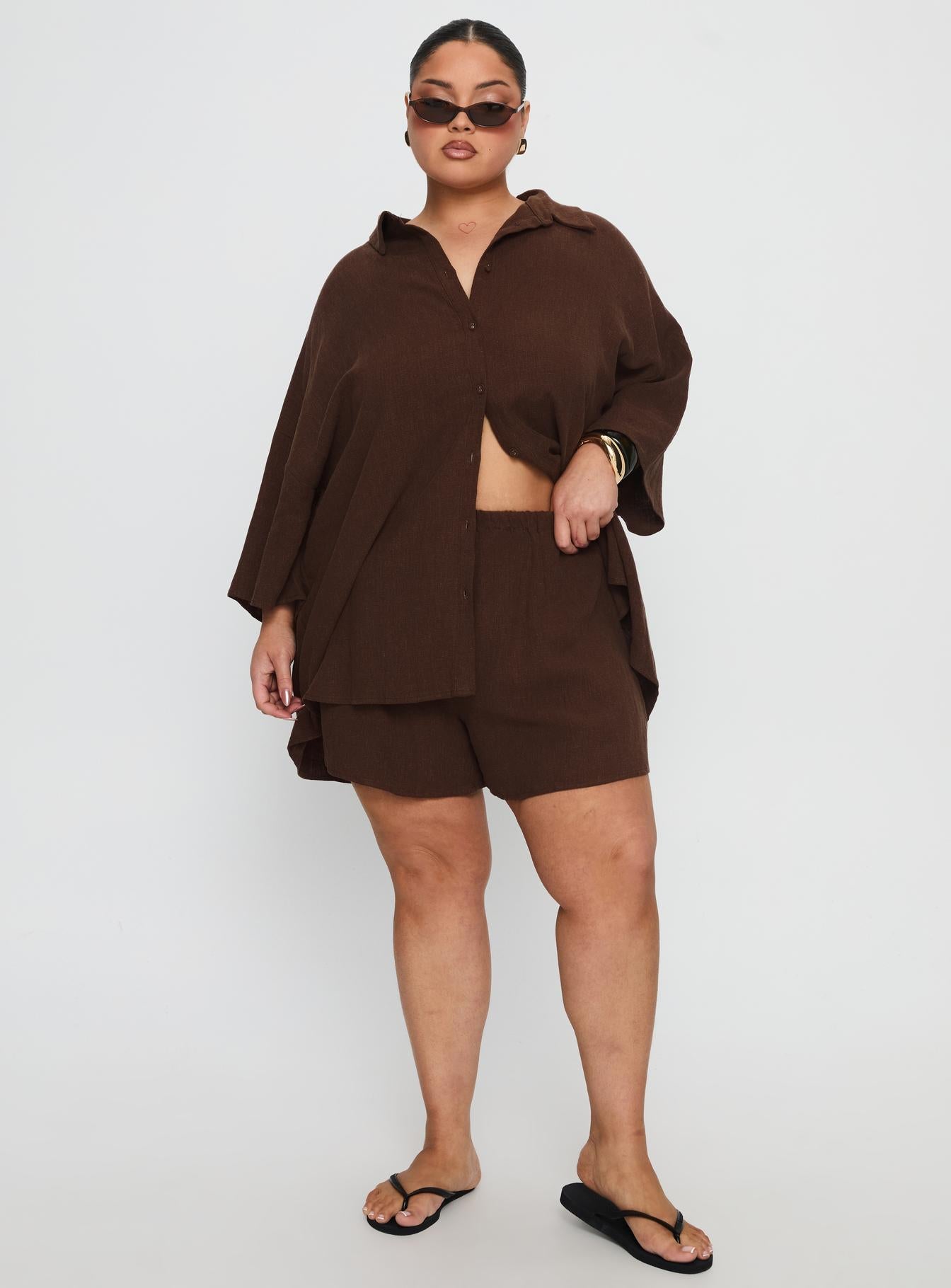 Peni Linen Button Down Top Chocolate Curve