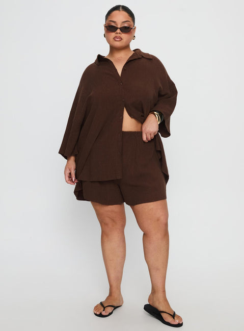 Peni Linen Button Down Top Chocolate Curve