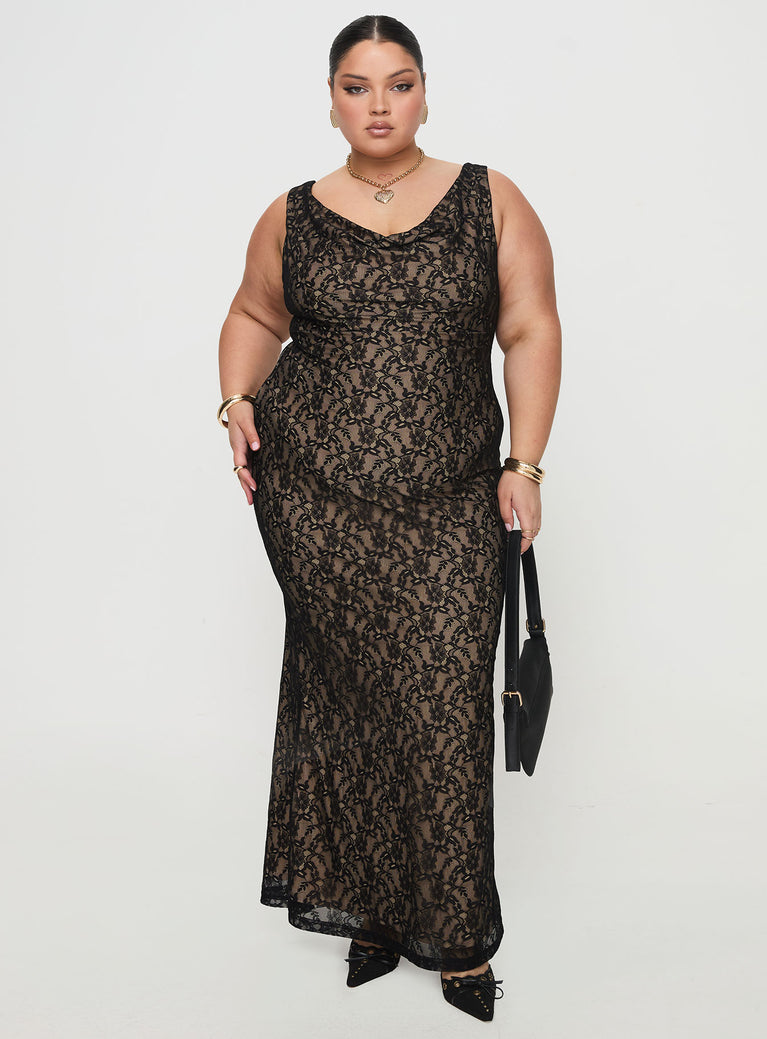 front view of model wearing Princess Polly Romani Lace Maxi Dress Black Curve Cowl Neck 