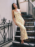 Yellow maxi dress Floral print, lace trim, adjustable shoulder straps, invisible zip fastening at side