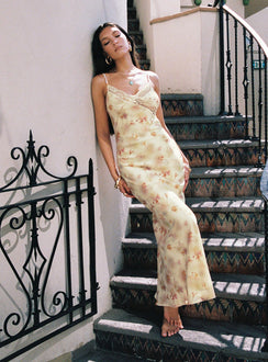 front view of model wearing Princess Polly Ninetta Maxi Dress Yellow / Multi V-Neck 