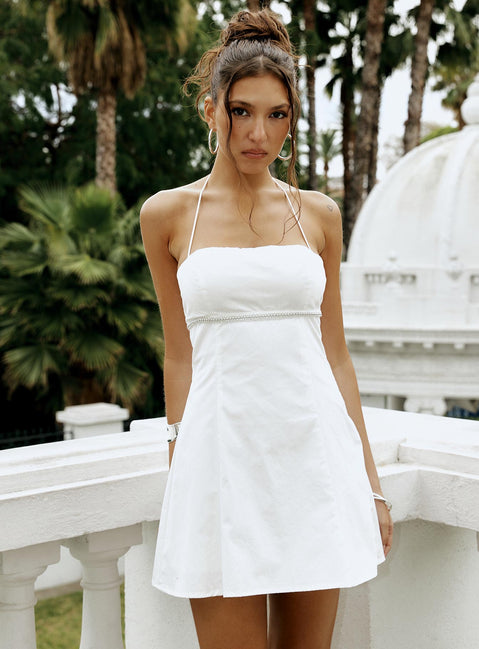 front view of model wearing Princess Polly Just Promise Diamante Detail Mini Dress White Square Neck 