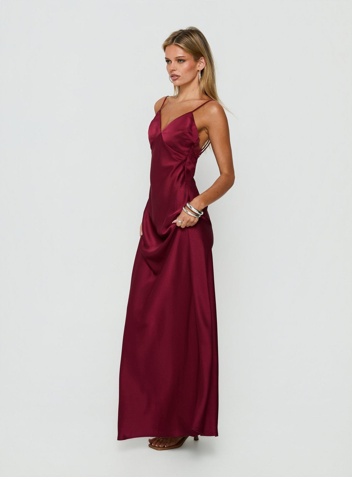 Flip A Switch Satin Lace Slip Maxi Dress Burgundy