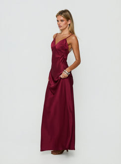 Flip A Switch Satin Lace Slip Maxi Dress Burgundy