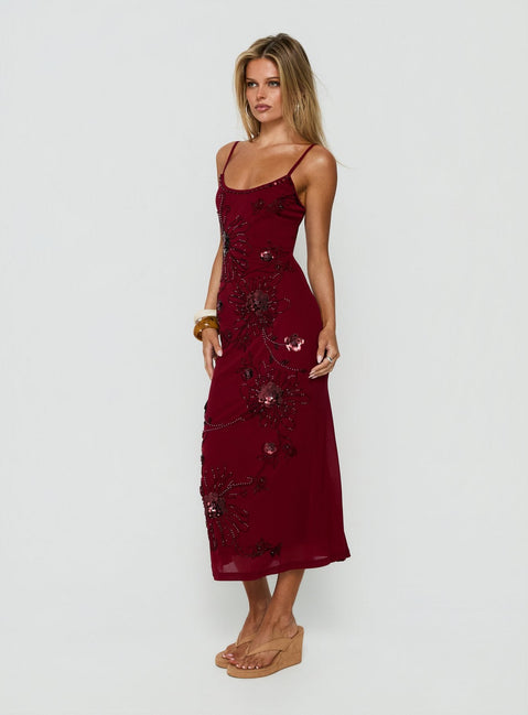 Daphie Beaded Midi Dress Burgundy