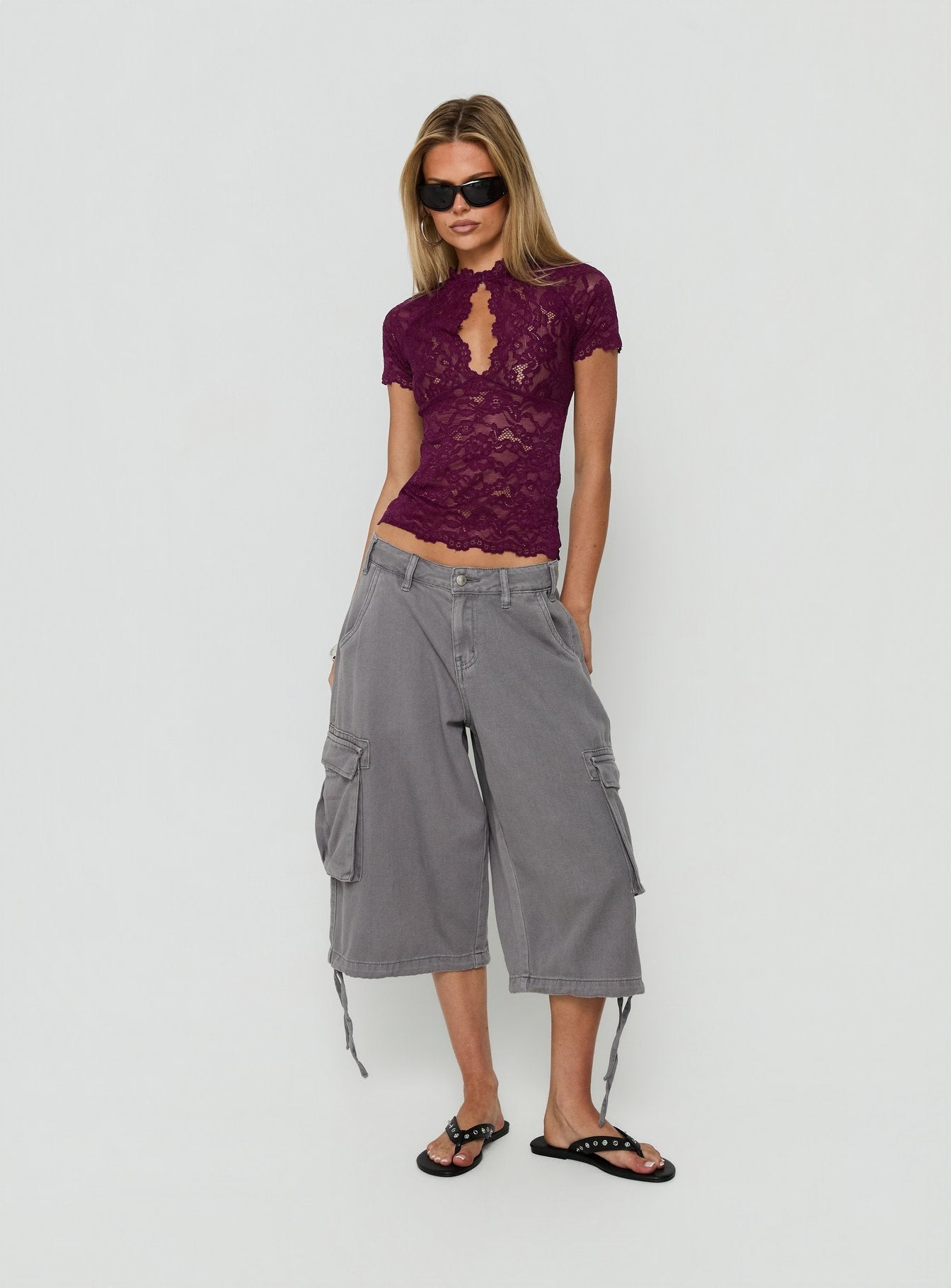 Quinbie Lace Short Sleeve Top Plum