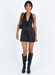 front view of model wearing Princess Polly Lanier Mini Dress Black Petite Plunger 