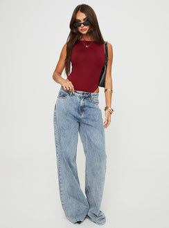 back view of model wearing Princess Polly Beresford Bodysuit Wine Tall Sleeveless Crew Neck 