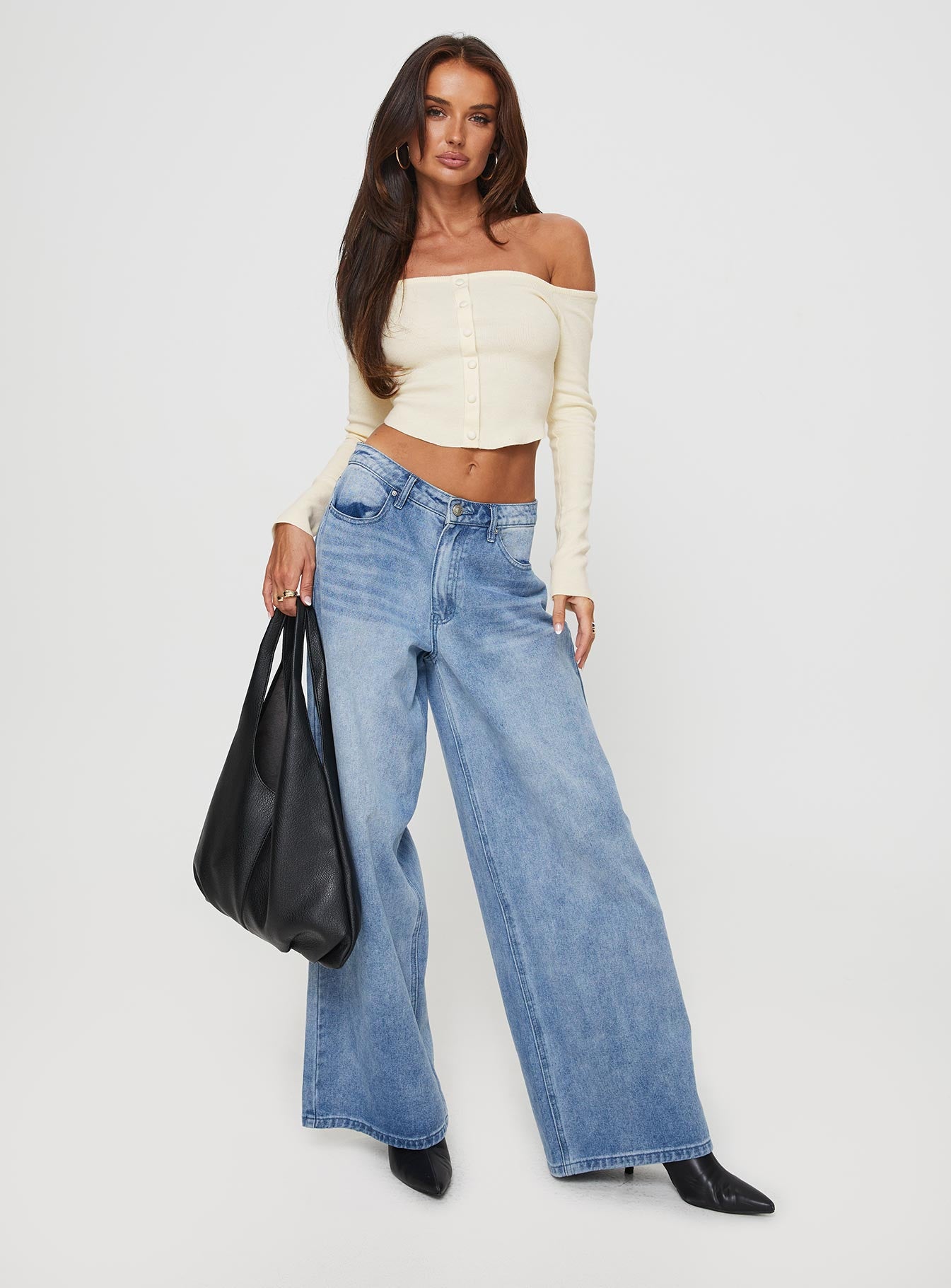 front view of model wearing Princess Polly Eldoria Long Sleeve Top Cream Full Sleeves straight 