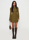 front view of model wearing Princess Polly Lukea Long Sleeve Mini Dress Olive Ribbed Boat Neck 