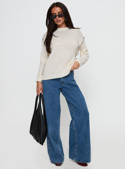 front view of model wearing Princess Polly Change The Weather Contrast Stitch Knit Sweater Cream Cropped 