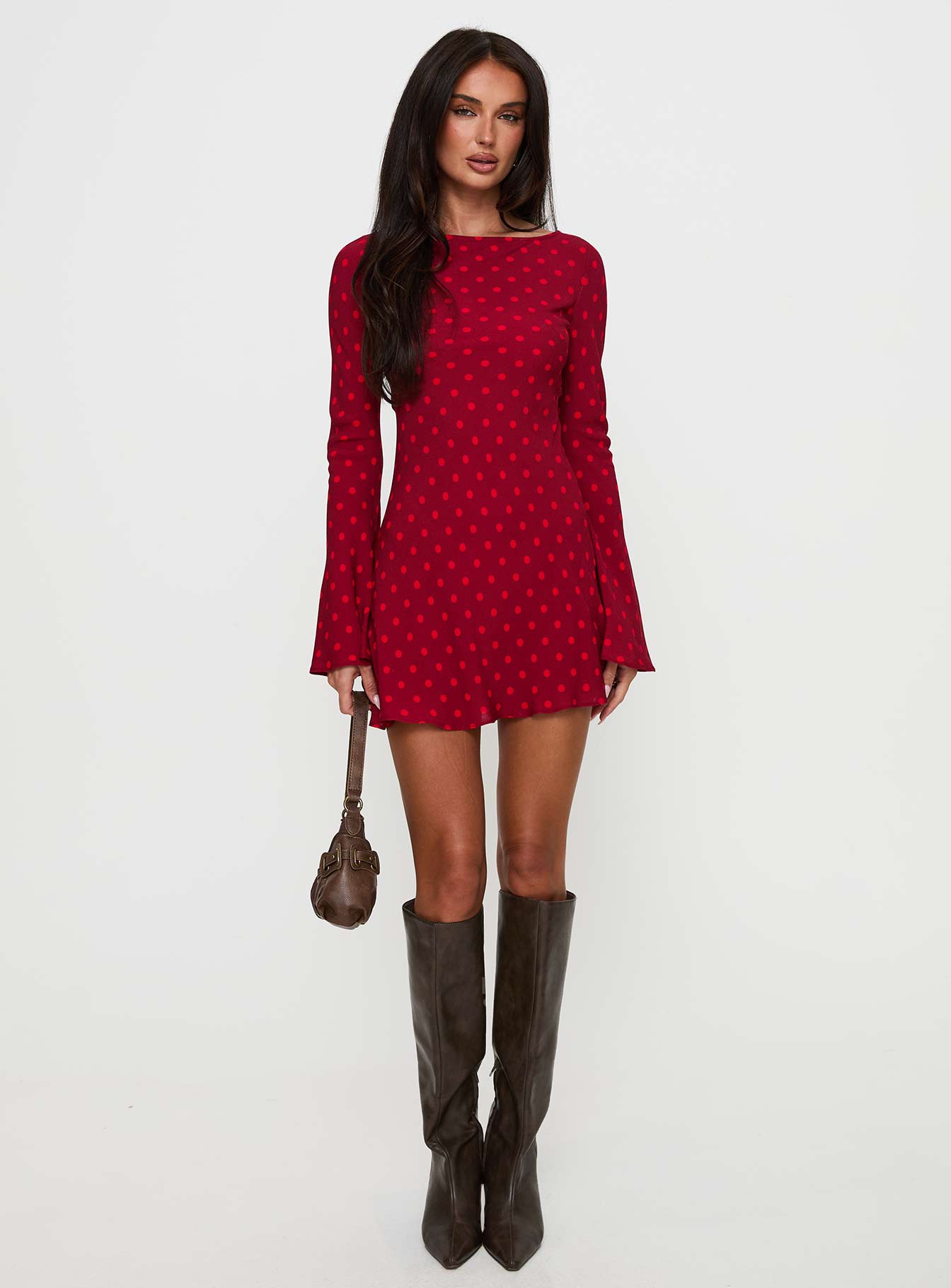 front view of model wearing Princess Polly Good Graces Long Sleeve Mini Dress Red Dot Boat Neck 