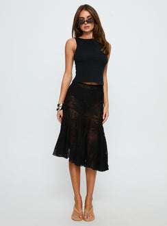   front view of model wearing Princess Polly Mellissa Sheer Textured Midi Skirt Black 