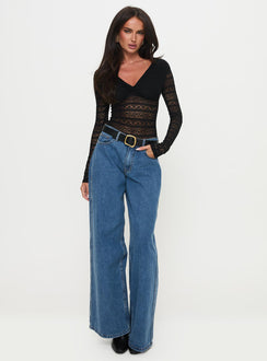 back view of model wearing Princess Polly Secret Of Us Off Shoulder Lace Bodysuit Black Full Sleeves 