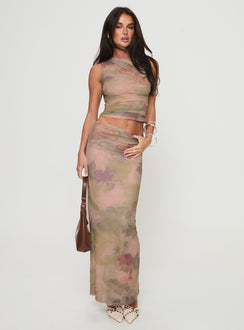   side view of model wearing Princess Polly Cascadia Maxi Skirt Purple Multi Maxi 