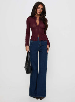 side view of model wearing Princess Polly When You Sleep Long Sleeve Top Wine Full Sleeves V-Neck 