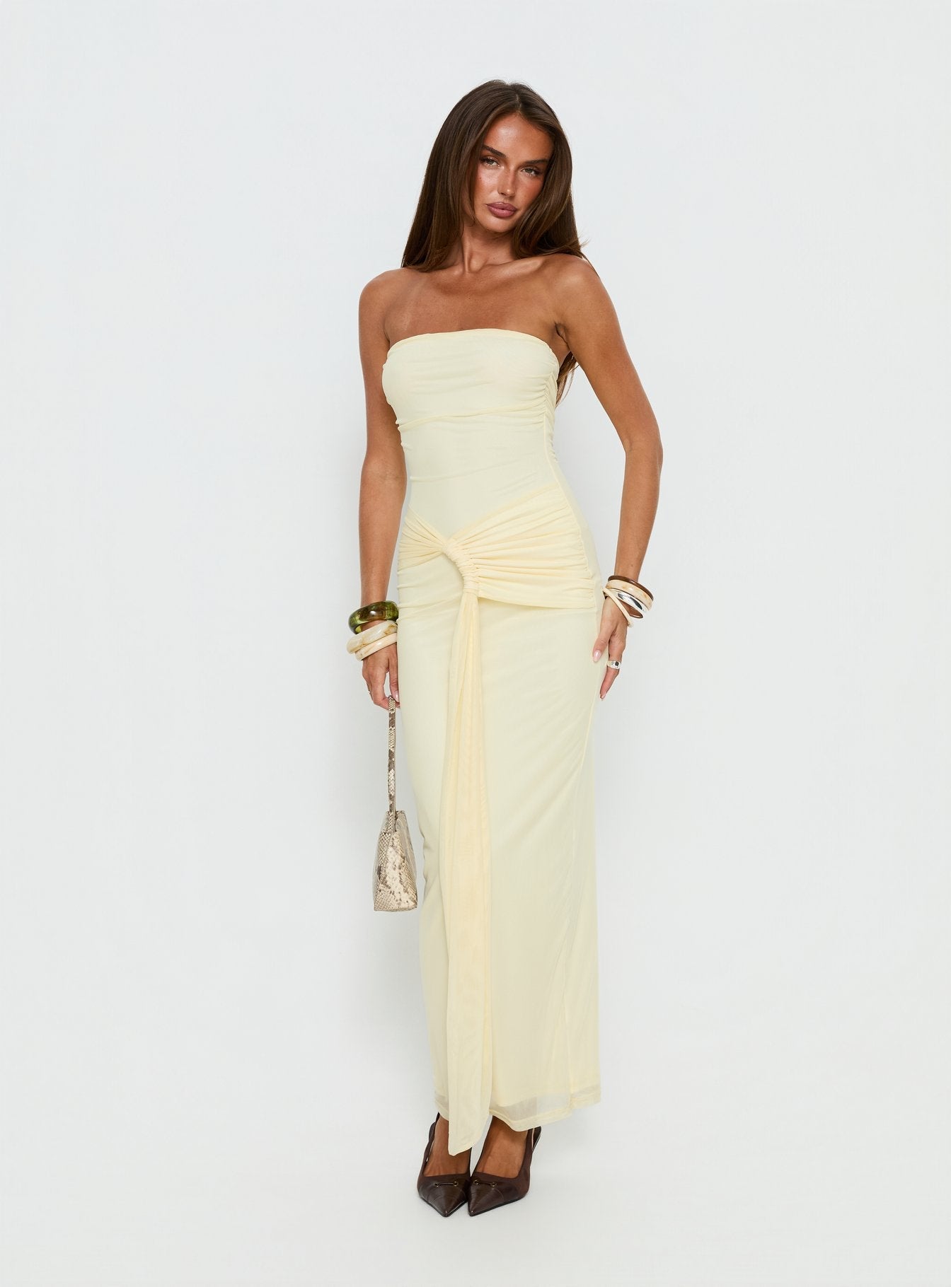 Senora Strapless Drape Maxi Dress Lemon | Princess Polly