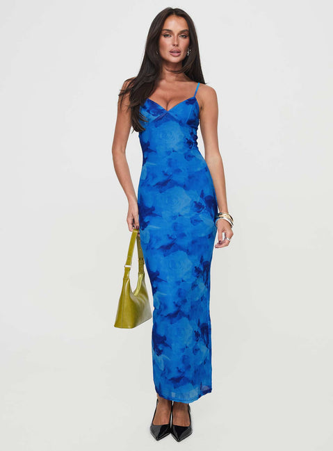 front view of model wearing Princess Polly Hathaway Maxi Dress Blue Floral Plunger 
