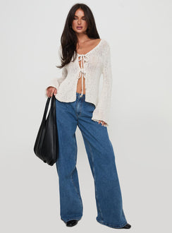 front view of model wearing Princess Polly Swain Knit Cardigan Cream Cropped 