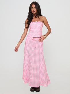   front view of model wearing Princess Polly Carmino Maxi Skirt Pink Check Maxi 