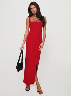 front view of model wearing Princess Polly Bombshell Maxi Dress Red Square Neck 