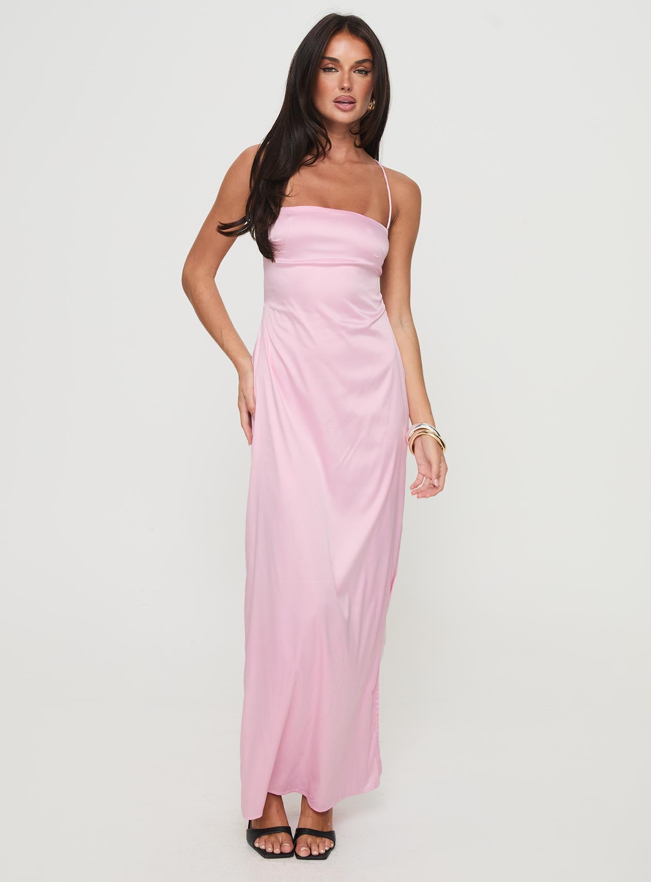 front view of model wearing Princess Polly Roselyn Maxi Dress Pink Straight Neck 