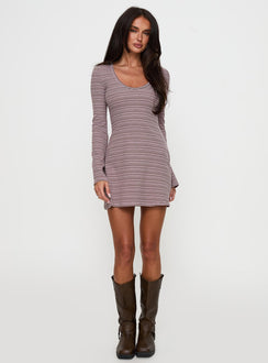 back view of model wearing Princess Polly Best Interest Long Sleeve Mini Dress Pink / Brown Scoop Neck 
