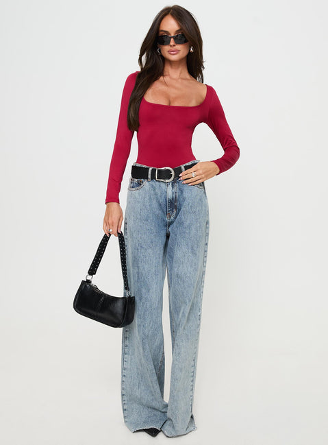 front view of model wearing Princess Polly Ellery Bodysuit Red Long Sleeve Tops 