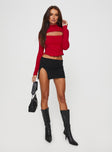 front view of model wearing Princess Polly Cathey Long Sleeve Corset Top Red Full Sleeves High Neck 