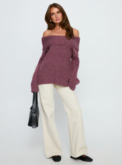 front view of model wearing Princess Polly Snowie Off Shoulder Knit Sweater Burgundy Long 