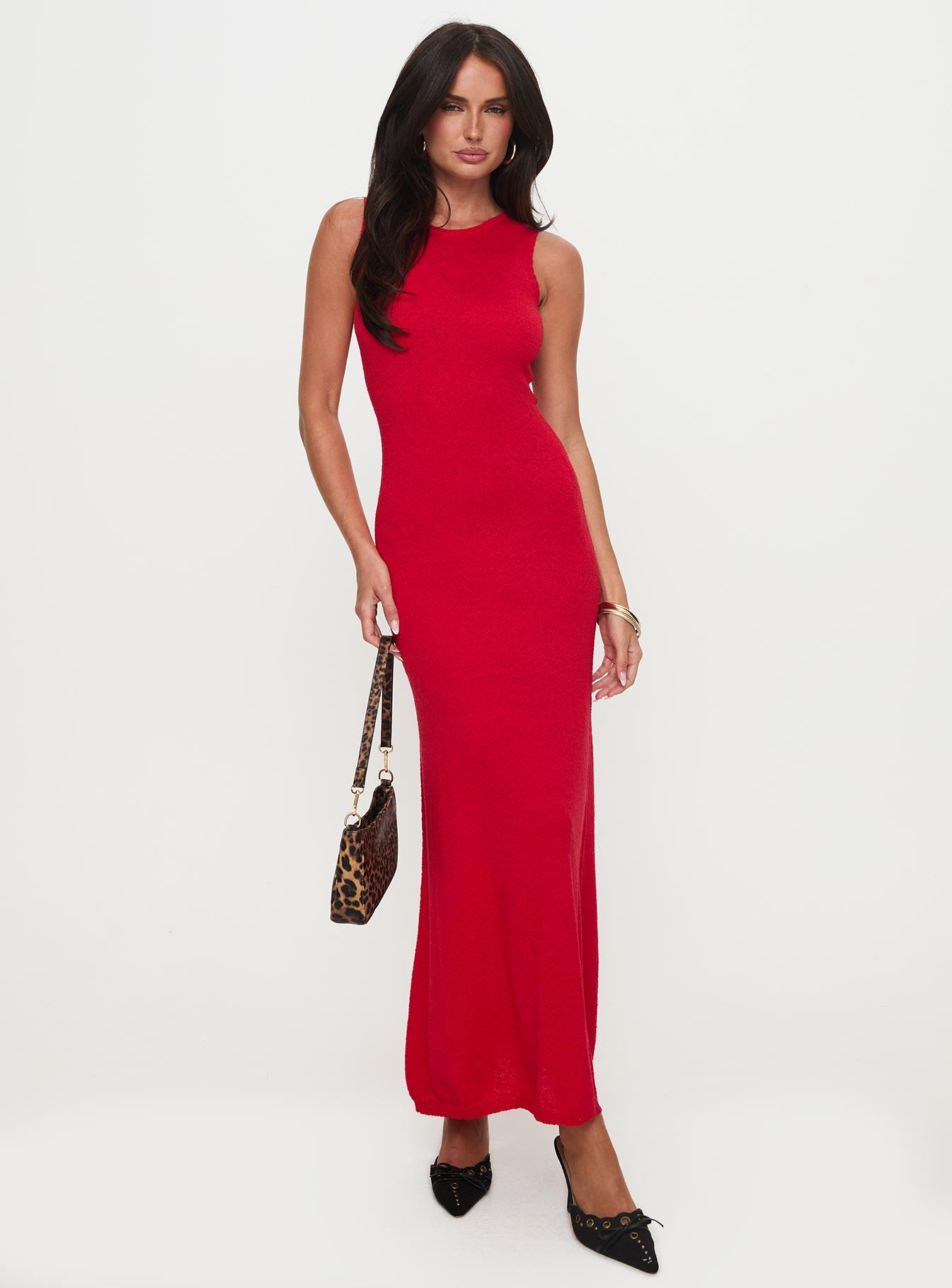 front view of model wearing Princess Polly Maebie Knit Maxi Dress Red Crew Neck 